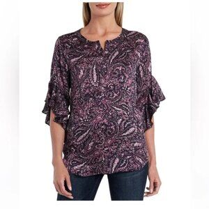 Vince Camuto Black and Pink Paisley Flutter Sleeve Blouse XXL